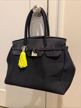 Save My Bag Black Tote Handbag with Neon Yellow Tassel